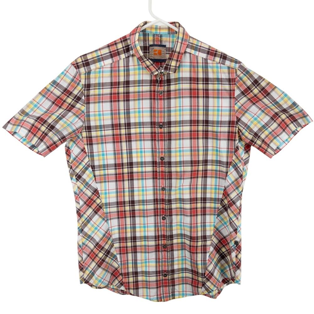 Boss Orange Plaid Men's Medium Button Up Short Sleeve Red White Brown Logo